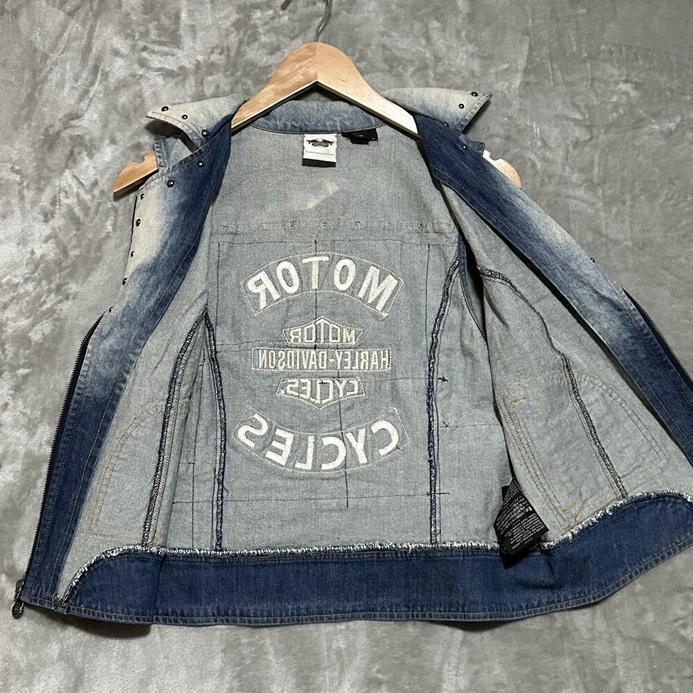 Harley Davidson Womens Denim Patchwork Full Zip Vest Sz M Blue Embroidered Biker - Picture 6 of 8